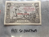 1921 PORTUGAL 50 CENTAVOS CURRENCY NOTE