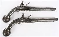 PAIR SILVER MOUNTED PEARL INLAY FLINTLOCK PISTOLS