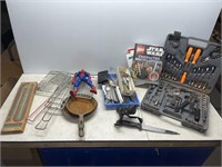 Tools, rusty cast iron pans, kitchen utensils etc