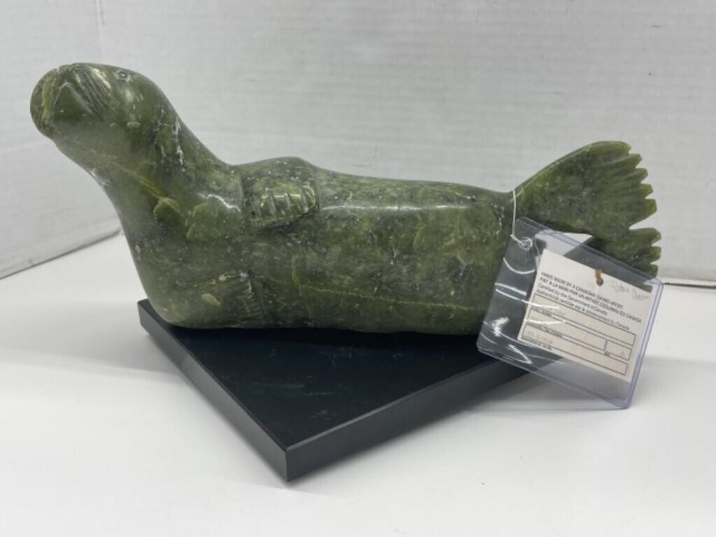 Inuit Art - Walrus Carving In Green Serpentine