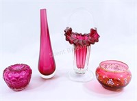 Cranberry Ruffled Art Glass Basket, Murano Vase