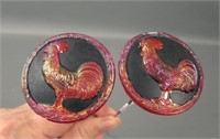 Two Red Rooster Carnival Glass Hatpins