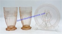 Pair of Pink Depression Glass Glasses & Saucer