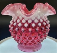 Fenton Cranberry Opal Hobnail Ruffle Vase