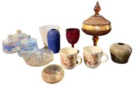 Glassware including 12" amber glass pedestal
