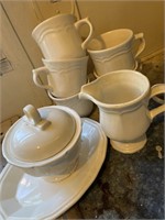 Assorted white Mikasa, coffee, cups, and creamer,