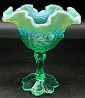 Fenton Green Opal Embossed Rose Compote Uv