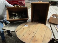 2 WOOD BOXES, BARREL LID, ELECTRICAL SUPPLIES