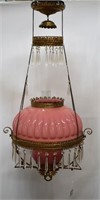 Pink Fostoria melon rib hanging lamp,