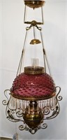 Cranberry hobnail hanging lamp, 14"