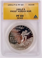 Coin 1991 US Dollar Korean War Comm. ANACS PF69