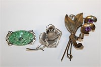 3pc Sterling Broaches; (1) large flower over 4"