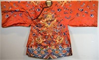 CHINESE SILK EMBROIDERED RED GROUND DRAGON ROBE