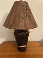 Distressed Black Bucket/pine cone table lamp