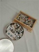 Group of buttons in tin canister & wooden box