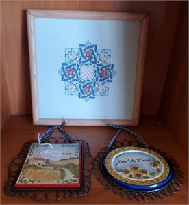 Framed Needlepoint And 2 Hanging Tiles