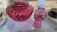 3 cranberry glass vases and pitcher 7.5in, 6in,