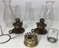 2 mini oil lamps, 3 chimney & other parts