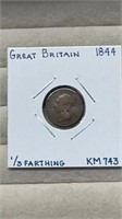 1844 Great Britain 1/3 Farthing Coin