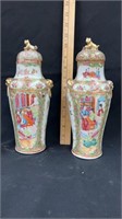 Pair of Rose Medallion urns with lids