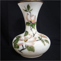 Hand painted floral milk glass vase