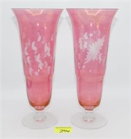 Pair of Pink Etched Glass Pieces (10")