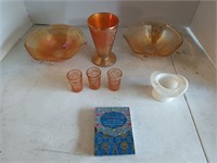 Carnival glass, assorted candles, home decor