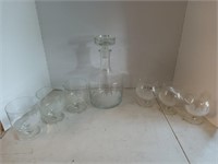 Etched glass decanter and 6 asst glasses
