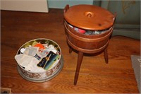 Wooden Sewing Stand and Tin with Contents