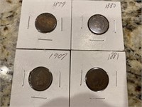 4 Indian Head Penny Coins - 1879, 1880, 1881, 1907