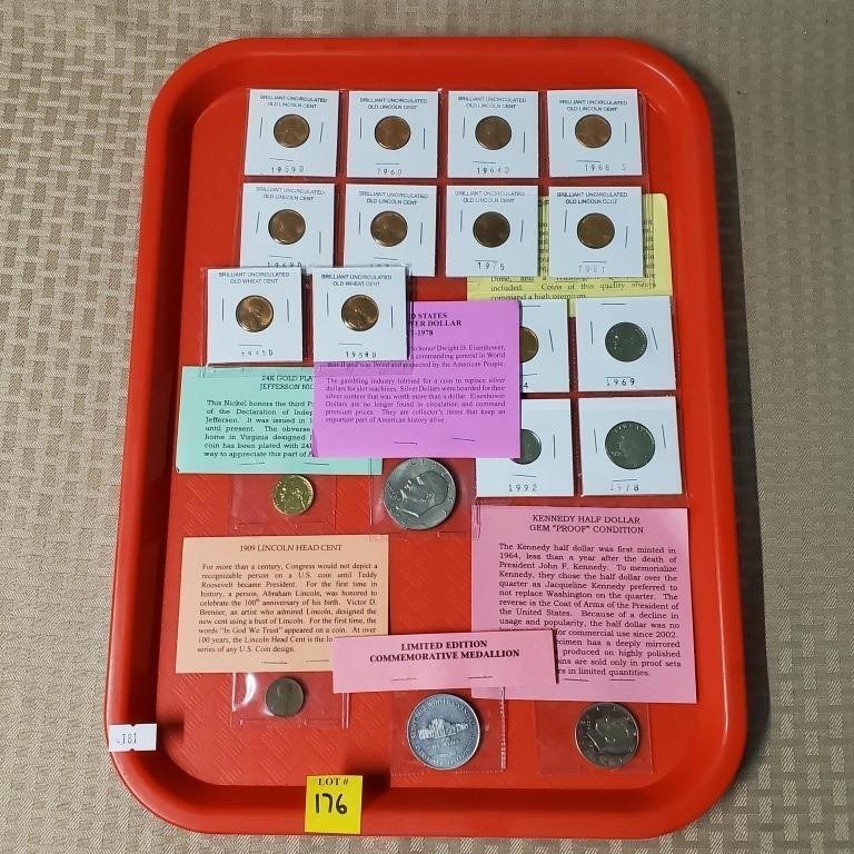 Old Lincoln Cents, Ike Dollar, Proof Kennedy,Coins