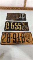Lot of 3 1930’s Nebraska license plates