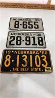 Lot of 3 vintage Nebraska license plates.  2 from