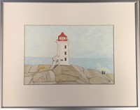 SWEET SIGNED WATERCOLOR LIGHTHOUSE - J.S