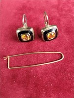 Sterling Silver Citrine Earrings Plus 14K Pin