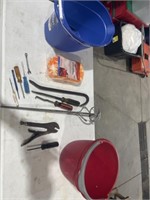 2 plastic buckets, tools and more