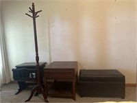 Ottoman, 2 end tables and coat rack