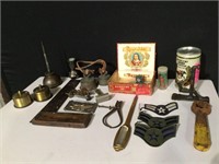 Lot of Primitive Items- Oiler,Stamp Holders,Belt