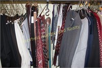Men's clotes in closet including 12 belts size 42,