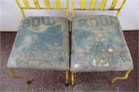 Pair Vtg.Yellow Metal & Burlap Potato Sack Chairs