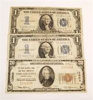 $20 National Currency Philadelphia 1929; (2) $1