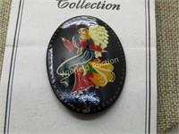 Vintage Russian Black Lacquered Angel Brooch, Oval