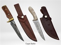 Two Damascus Steel Hunting Knives