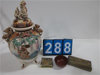 LARGE ORIENTAL VASE & BRASS JEWERLY BOXES & MORE