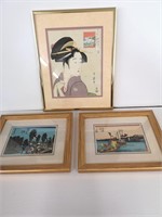 Three Asian wood block framed prints
