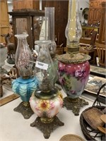 4 Antique Hand Painted Oil Lamps