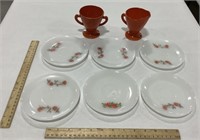 6 Fire King Plates & 2 Cups - Unknown Brand