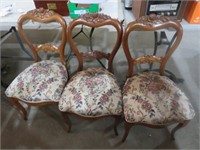3 WALNUT ROSE CARVED PADDED SIDE CHAIRS