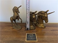 2 Brass Unicorn Busts & 1 Rearing Unicorn Statue