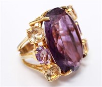 Gold Tone Amethyst & Citrine Large Cocktail Ring